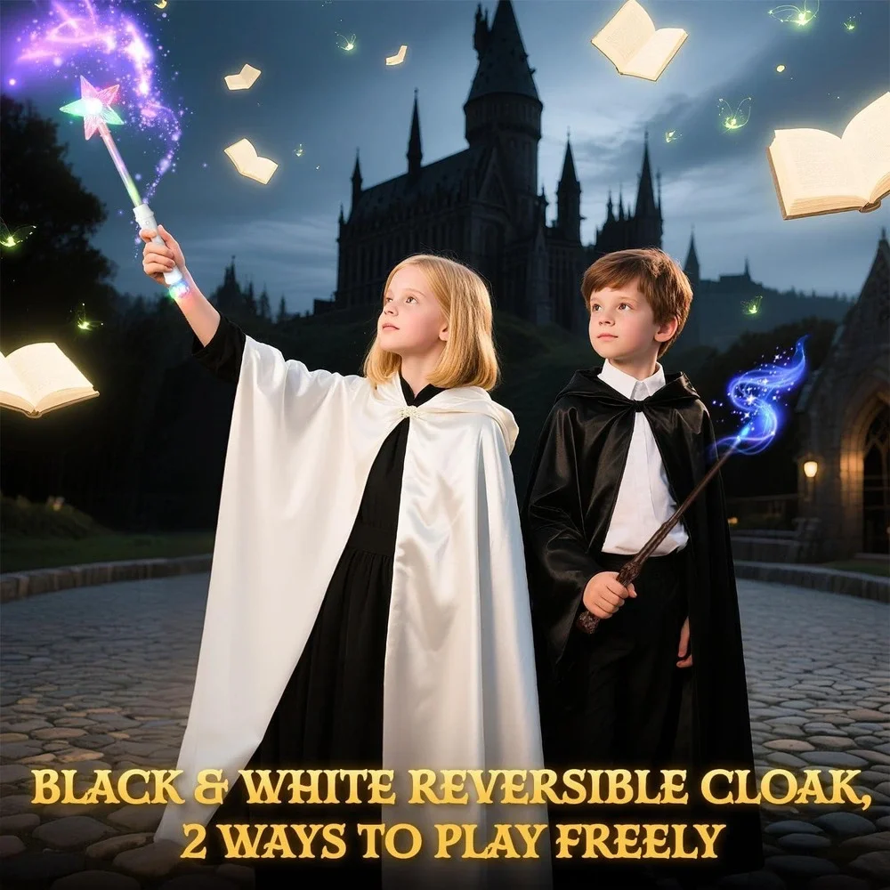 Wizard Fairy Toy Wand Set Reversible‎ Black White Cloak Light Sound Effects 3Pcs